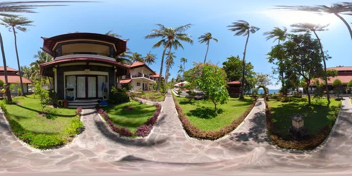 vr360 modern hotel with villas in tropical resort by sea. tropical resort with pool travel concept.