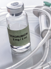 Doxorubicin Vial is a drug widely used in medical cancer chemotherapy on a tray in a laboratory,...