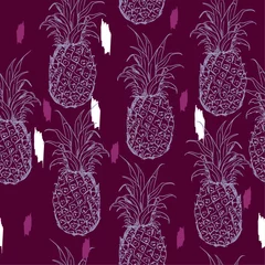 Acrylic prints Antireflex Pineapple Exotic seamless pattern with silhouettes tropical fruit outline pineapples. Hand drawn and paint repeating background. Abstract print texture