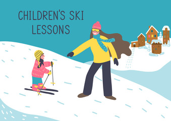 Children's ski lessons. Mother or woman instructor teaches child to ski. 