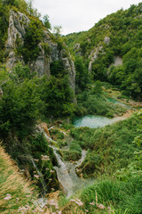 Travel to Croatia. Top view of the Plitvice Lakes - a popular Croatian national park of incredible beauty with lots of greenery, lakes and waterfalls
