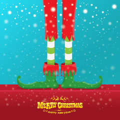 vector creative merry christmas greeting card with cartoon elfs legs, elf shoes and christmas stripped stocking on falling snow in sky. Vector merry christmas background