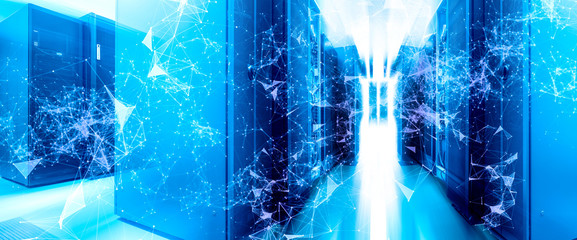 Server farm with network connection effects and codes symmetrical futuristic modern server room in data center with bright light and motion