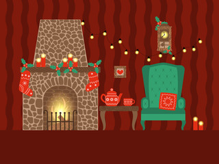 Christmas interior with festive decorations. Fireplace, fireplace armchair, candles, holly twigs, festoon. Vector illustration in flat style.