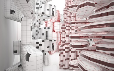 Abstract architectural background drawing of modern buildings with black and red lines. 3D illustration and rendering