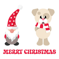 cartoon christmas dwarf and winter dog with scarf and christmas text