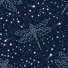 Seamless pattern with dragonfly, constellations and stars
