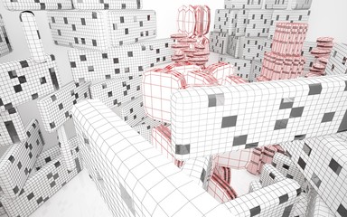 Abstract architectural background drawing of modern buildings with black and red lines. 3D illustration and rendering