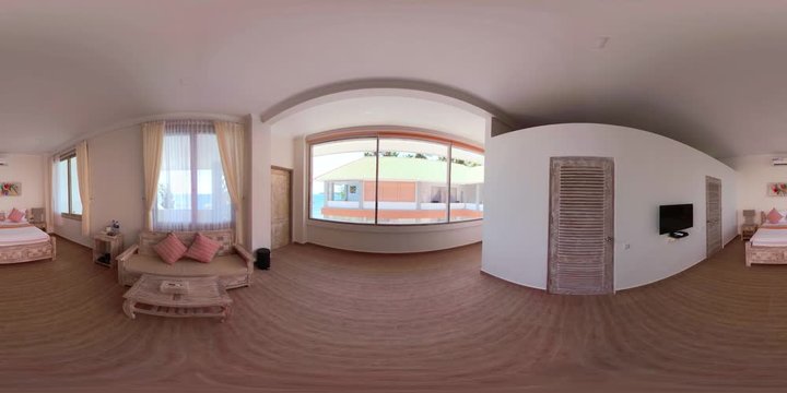 vr360 bedroom interior with large bed in luxury hotel. Hotel room Interior travel concept.