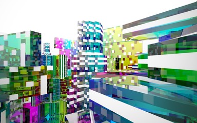 Architectural background of skyscrapers made of colored glass with white frosted inserts. 3D illustration and rendering