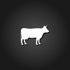 Cow icon flat. Simple White pictogram on black background with shadow. Vector illustration symbol