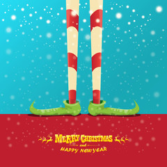 vector creative merry christmas greeting card with cartoon elfs legs, elf shoes and christmas stripped stocking on falling snow in sky. Vector merry christmas background