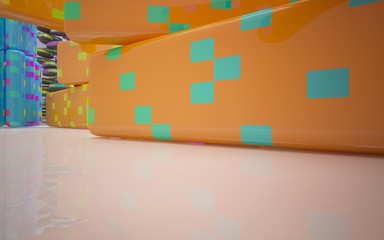 Abstract interior of colored gloss smoothed sculpture with rainbow lines. Architectural minimalistic background. 3D illustration and rendering