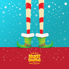 vector creative merry christmas greeting card with cartoon elfs legs, elf shoes and christmas stripped stocking on falling snow in sky. Vector merry christmas background