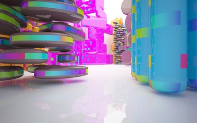 Abstract interior of colored gloss smoothed sculpture with rainbow lines. Architectural minimalistic background. 3D illustration and rendering