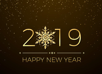 Fototapeta na wymiar Happy New Year 2019. Greeting card text design. New Years banner with golden numbers and snowflake. Vector illustration