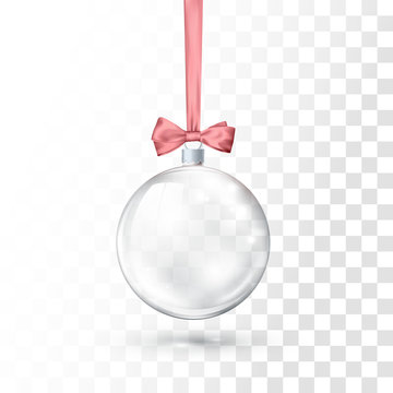 Glass Transparent Christmas Ball Hanging On Pink Ribbon With Bow. Xmas Glass Ball On Transparent Background. Holiday Decoration Template. Vector Illustration