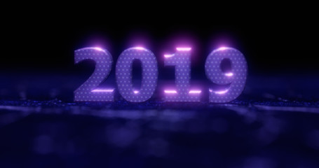 Happy New Year 2019. Holiday  illustration blue neon numerals 2019 on a background in gray half-flowers with light effects. Realistic 3d sign. Festive poster or banner design.