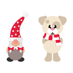 cartoon christmas dwarf girl and winter dog with scarf