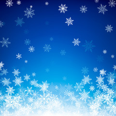Blue Christmas snowflakes background. Falling white snowflakes on blue background. Vector illustration