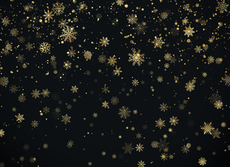 Fototapeta na wymiar Golden snowfall. Christmas background. New Year and Christmas pattern with golden snowflakes on black background. Vector illustration