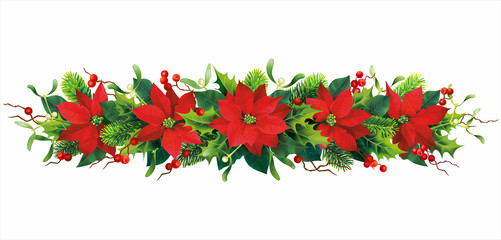 Christmas border with red poinsettia and holly branches isolated on white. Vector illustration.  - obrazy, fototapety, plakaty