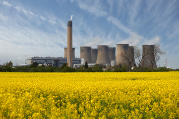 EGGBOROUGH POWER STATION WITH FIELD OF RAPE SEED YORKSHIRE ENGLAND