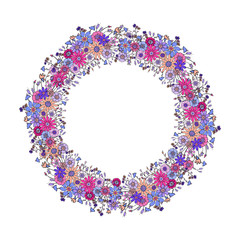 Round wreath with hand-drawn colorful pink, blue, violet flowers and brunches. Floral doodles, stylised flowers.   Elegant circle frame with space