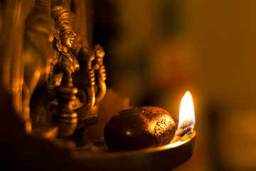 Burning candle in front of god