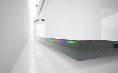 Abstract white interior with colored gradient glossy lines. 3D illustration and rendering