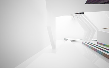 Abstract white interior with colored gradient glossy lines. 3D illustration and rendering