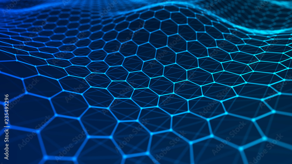 Poster Big data visualization. Futuristic hexagon background. Big data connection background. 3D rendering.