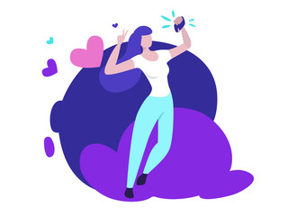 Selfie Girl Flat Illustration. Woman with phone make photo. Trend style image. Blogger. Simplified vector. Like. Social media. Popular. Famous. Ultraviolet.