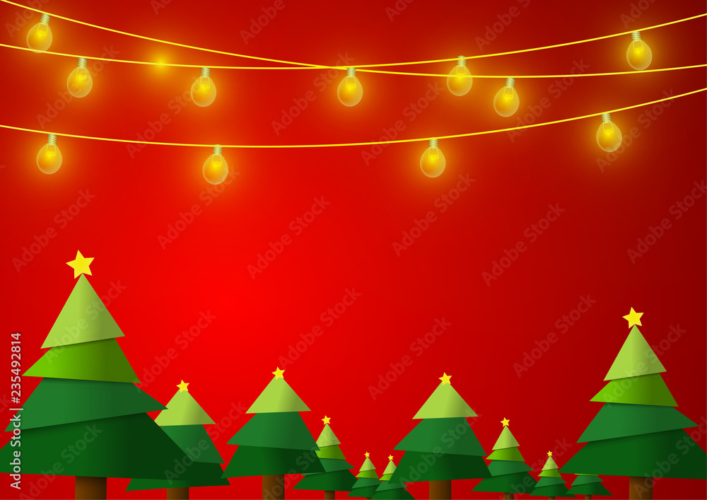 Poster vector : christmas trees with lightbulb on red background