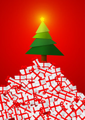 Vector : Christmas tree with present boxes on red background