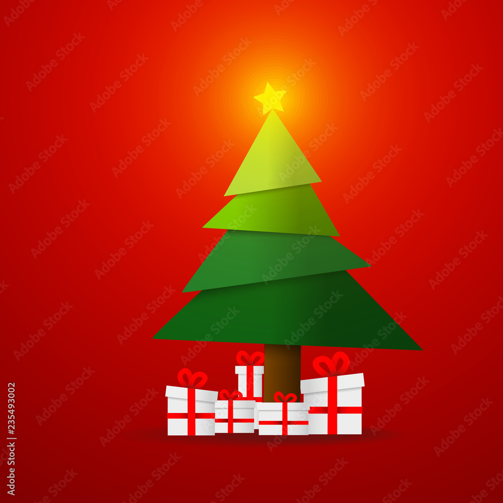 Poster vector : christmas tree with present boxes on red background