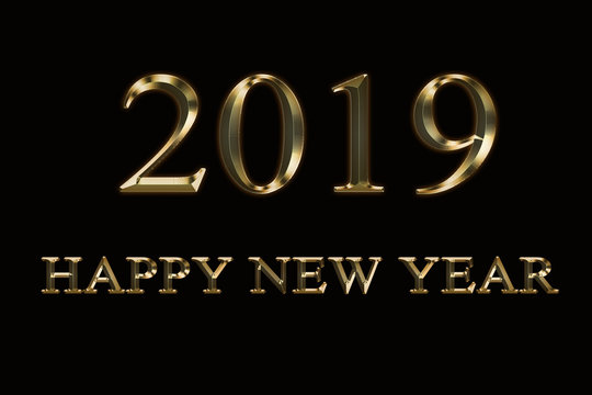 2019 Happy New Year black Background. Gold text design. Dark  greeting illustration with golden numbers . Best Gold text effect .