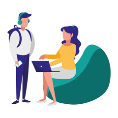 young couple workers in the sofa with laptop