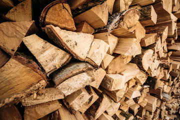 Wooden firewood stacked in a wall