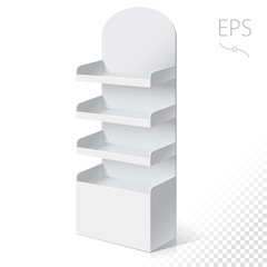 White Round POS POI Cardboard Floor Display Rack For Supermarket Blank Empty Displays With Shelves Products On White Background Isolated. Ready For Your Design. Product Packing