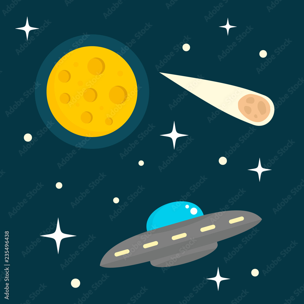 Poster alien ship in space concept background. flat illustration of alien ship in space vector concept back