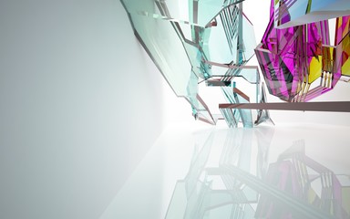 abstract architectural interior with gradient geometric glass sculpture with brown lines. 3D illustration and rendering