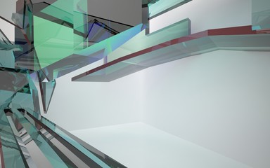 abstract architectural interior with gradient geometric glass sculpture with brown lines. 3D illustration and rendering