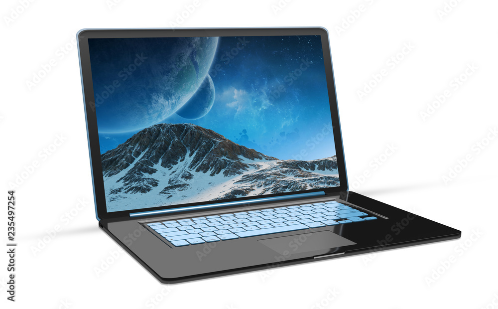Poster Isolated modern black laptop with shadow side view 3d rendering