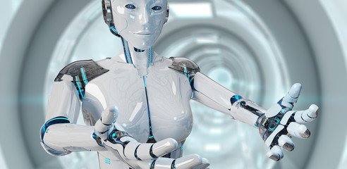 White woman cyborg opening her two hands 3D rendering