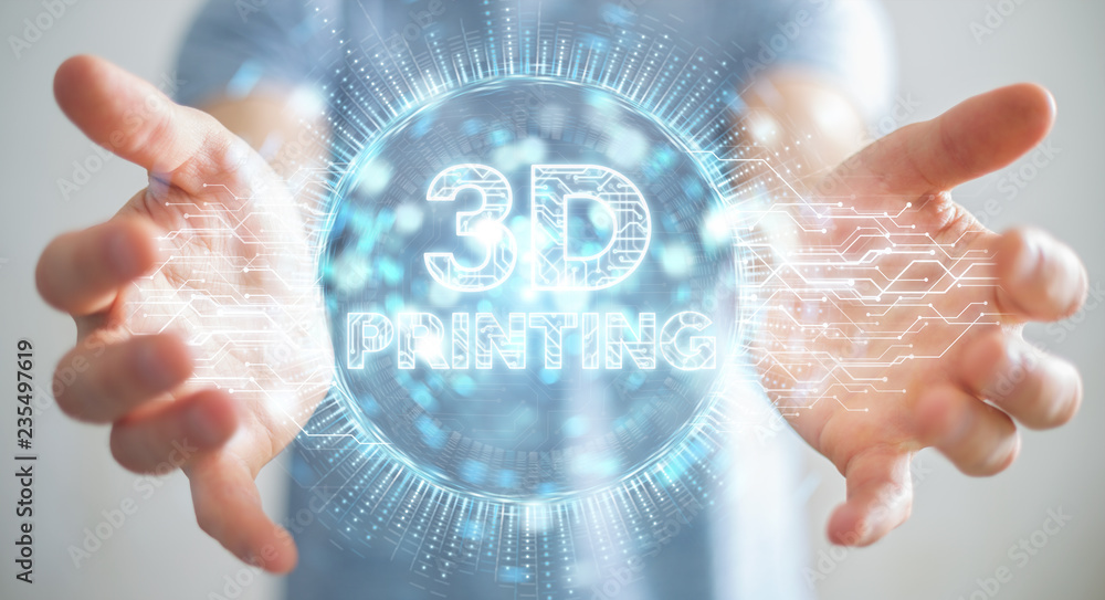 Poster businessman using 3d printing digital hologram 3d rendering