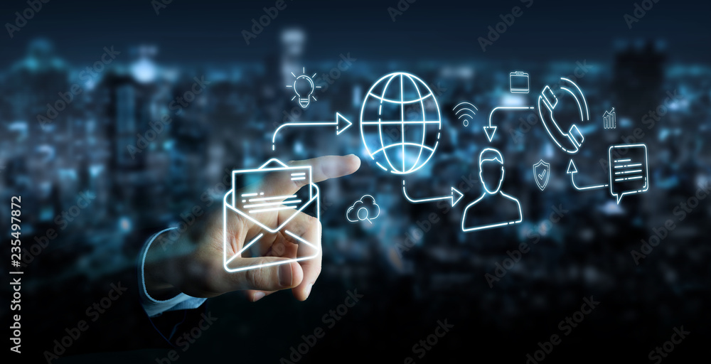 Aufkleber Businessman using thin line social network icons interface