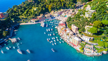 Beautiful sea coast with colorful houses in Portofino, Italy. Summer landscape