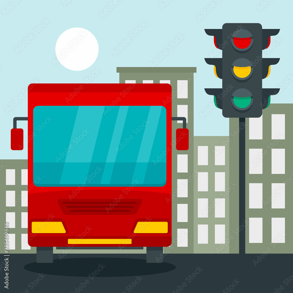 Poster bus at stop light concept background. flat illustration of bus at stop light vector concept backgrou