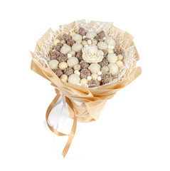 Original bouquet consisting of delicious chocolate candies on a white background